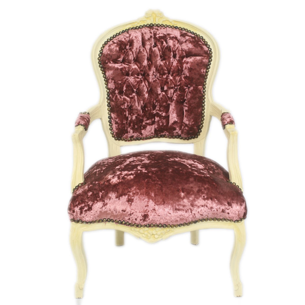 Barock Salon Stuhl Bordeaux Velour Stoff / Creme - Antik Design Möbel