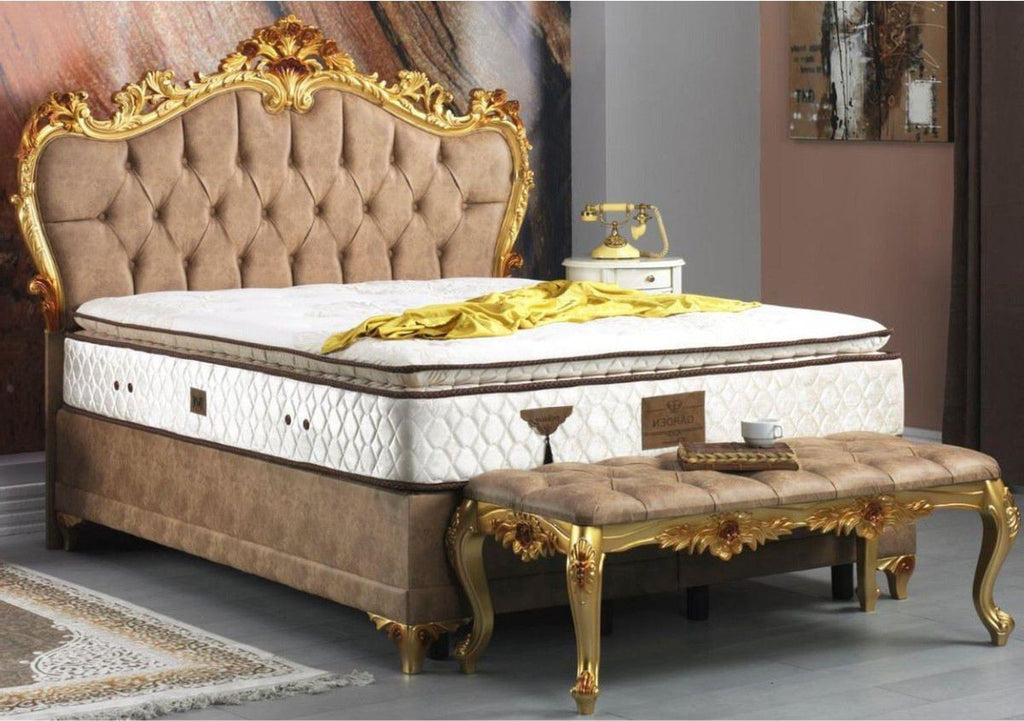 Barock Schlafzimmer Set Braun / Gold - Prunkvolles Doppelbett mit Sitzbank - Schlafzimmer Möbel im Barockstil