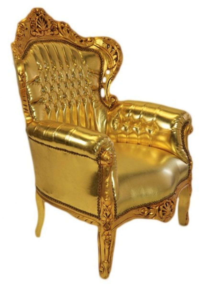 Barock Sessel King Gold Lederoptik mit Glitzersteinen 85 x 85 x H. 120 cm