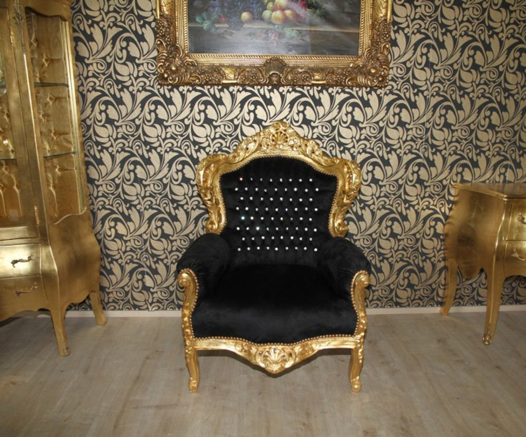 Barock Sessel King Schwarz / Gold mit Glitzersteinen - Luxus Barock Möbel