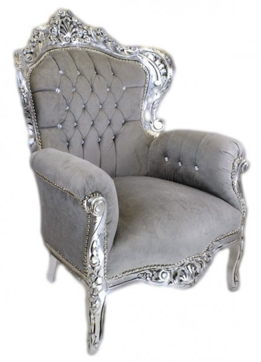 Barock Sessel King Grau Samtstoff / Silber mit Bling Bling Glitzersteinen