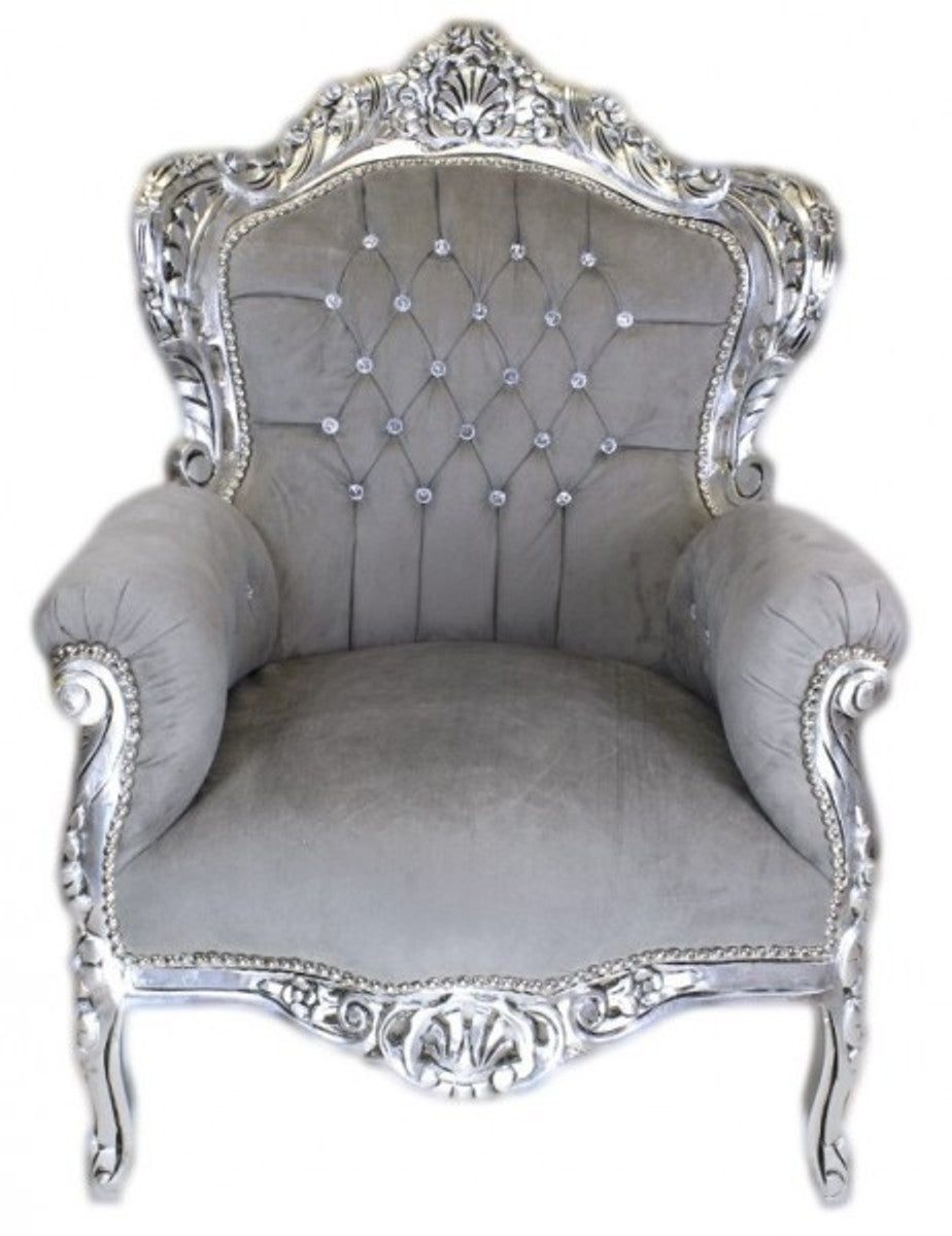 Barock Sessel King Grau Samtstoff / Silber mit Bling Bling Glitzersteinen