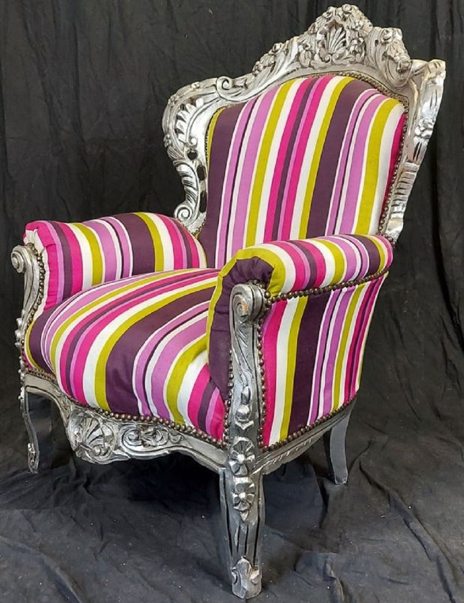 Barock Sessel mit Streifen Mehrfarbig / Silber - Handgefertigter Massivholz Wohnzimmer Sessel - Antik Stil Wohnzimmer Sessel - Barock Wohnzimmer Möbel - Ausstellungsstück!