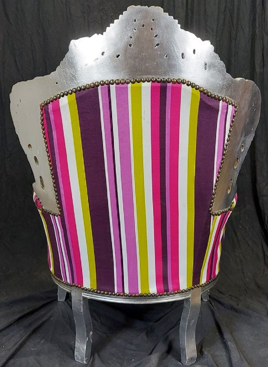 Barock Sessel mit Streifen Mehrfarbig / Silber - Handgefertigter Massivholz Wohnzimmer Sessel - Antik Stil Wohnzimmer Sessel - Barock Wohnzimmer Möbel - Ausstellungsstück!