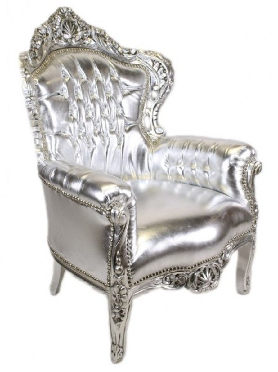 Barock Sessel King Silber / Silber Lederoptik mit Bling Bling Glitzersteinen