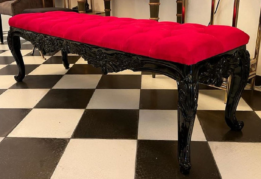 Barock Sitzbank Rot / Schwarz - Gepolsterte Massivholz Bank mit edlem Samtstoff und Glitzersteinen - Handgefertigte Barock Möbel - Edel & Prunkvoll