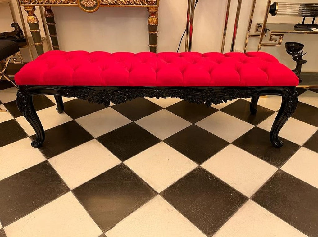 Barock Sitzbank Rot / Schwarz - Gepolsterte Massivholz Bank mit edlem Samtstoff und Glitzersteinen - Handgefertigte Barock Möbel - Edel & Prunkvoll