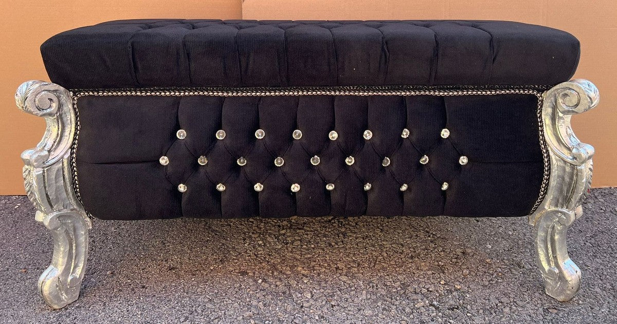 Barock Sitzbank - Truhe mit Glitzersteinen Schwarz / Silber - Barock Möbel