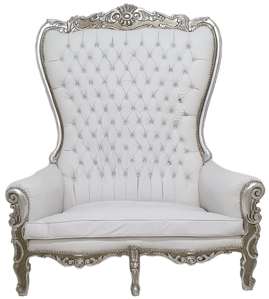 Barock Hochlehn 2er Sofa Weiß / Silber - Prunkvolles Barockstil Kunstleder Sofa mit Glitzersteinen - Wohnzimmer Möbel im Barockstil - Barock Möbel - Edel & Prunkvoll
