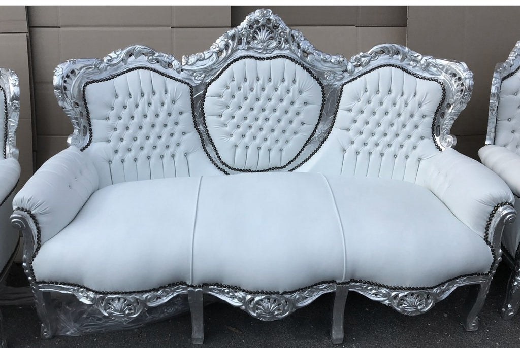 Barock Sofa Garnitur Weiß Lederoptik / Silber + 2 Sessel mit Glitzersteinen - Wohnzimmer Barock