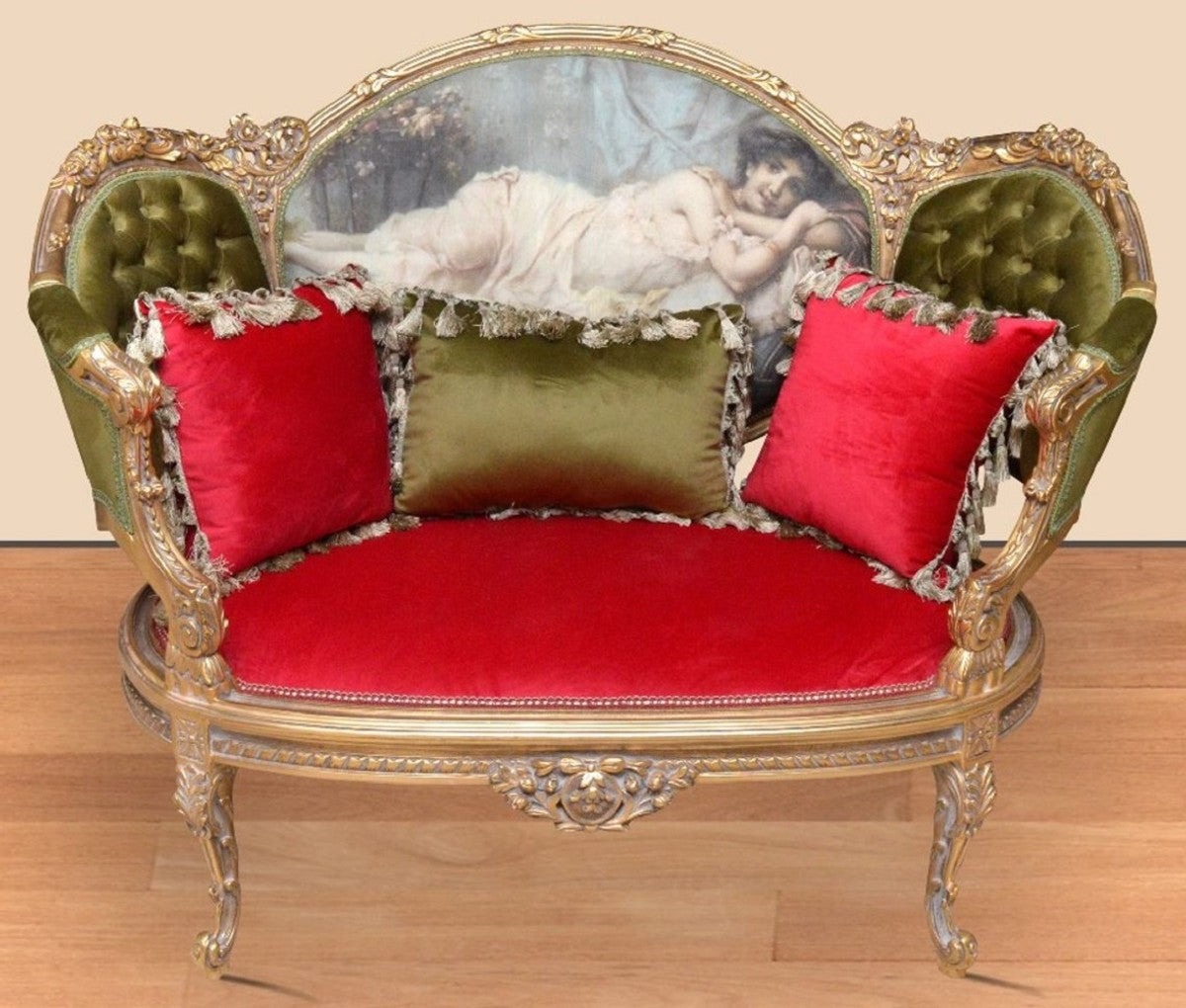 Barock Sofa Grün / Rot / Mehrfarbig / Gold - Handgefertigtes Wohnzimmer Sofa im Barockstil - Prunkvolle Barock Wohnzimmer Möbel