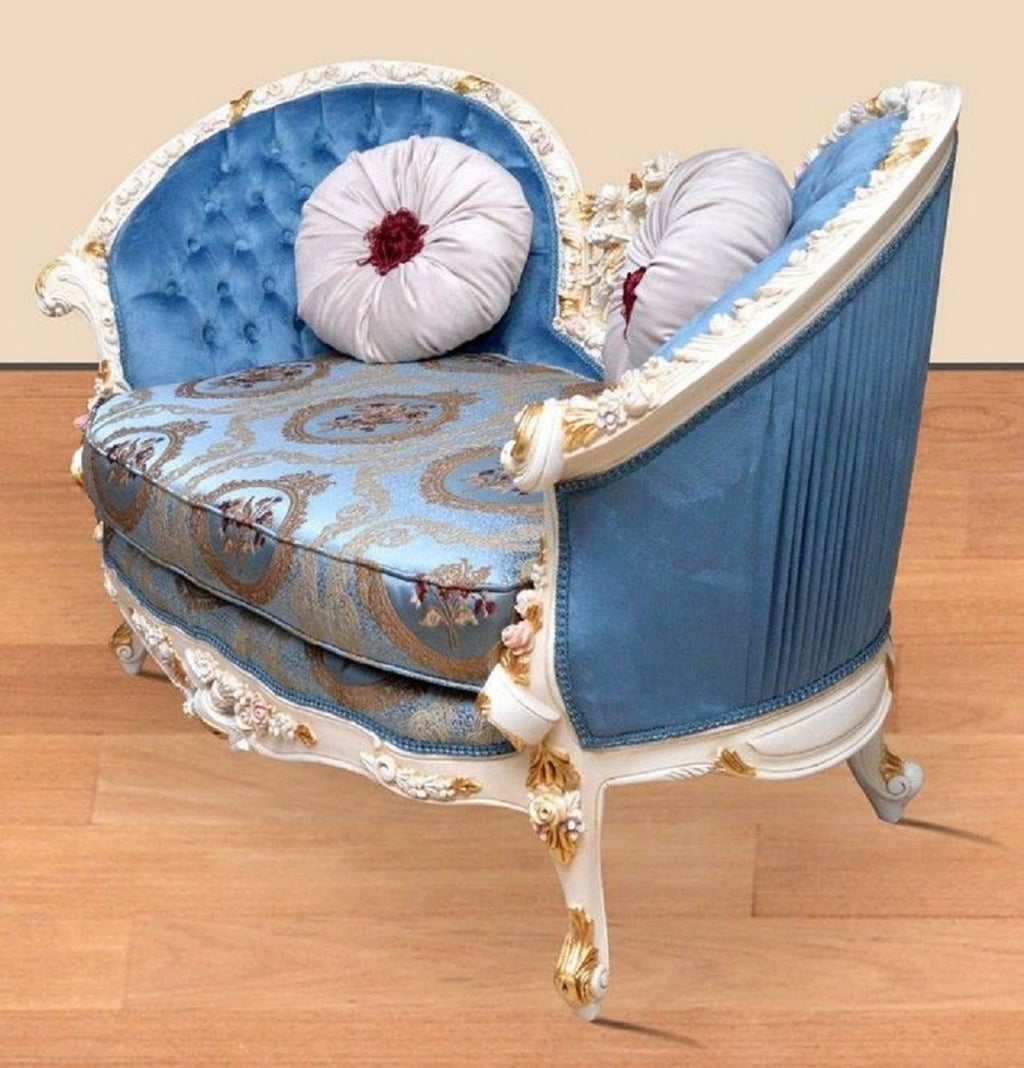 Barock Sofa Blau Muster / Weiß / Gold - Handgefertigtes Wohnzimmer Sofa im Barockstil - Prunkvolle Barock Wohnzimmer Möbel