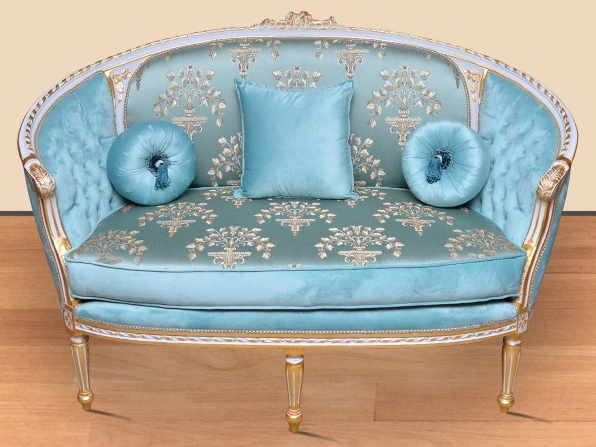 Barock Sofa Türkis Muster / Weiß / Gold - Handgefertigtes Wohnzimmer Sofa im Barockstil - Prunkvolle Barock Wohnzimmer Möbel