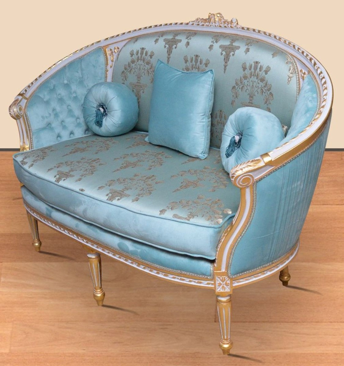 Barock Sofa Türkis Muster / Weiß / Gold - Handgefertigtes Wohnzimmer Sofa im Barockstil - Prunkvolle Barock Wohnzimmer Möbel