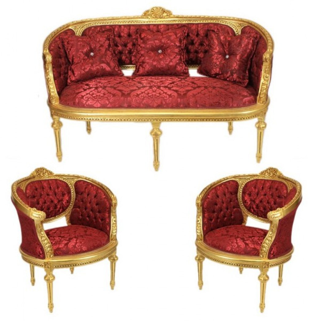 Barock Wohnzimmer Set Marseille Bordeaux Muster / Gold - Sofa + 2 Sessel