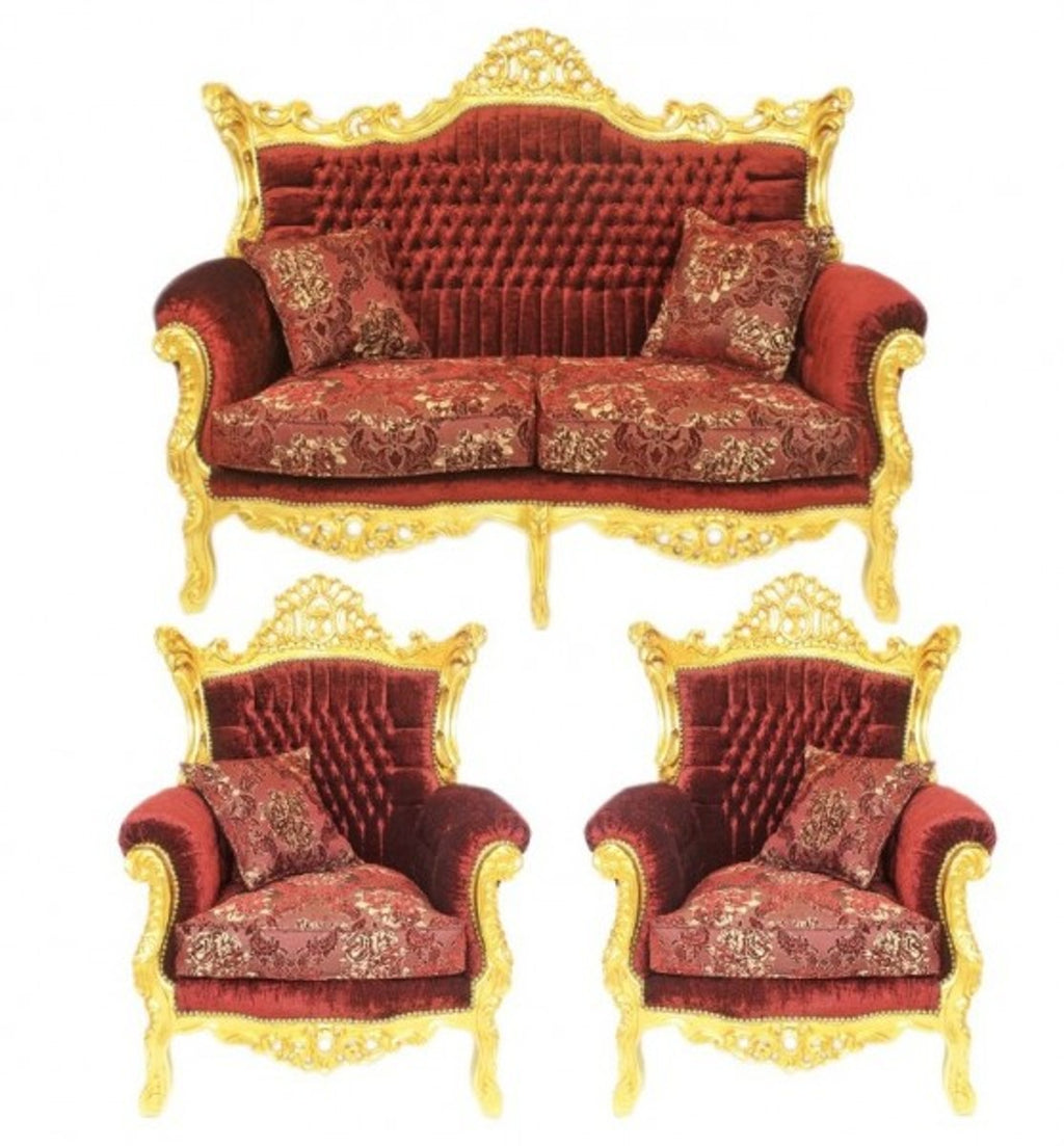 Barock Wohnzimmer Set Master Bordeaux Muster Samtstoff / Gold - 2er Sofa + 2 Sessel - Limited Edition!