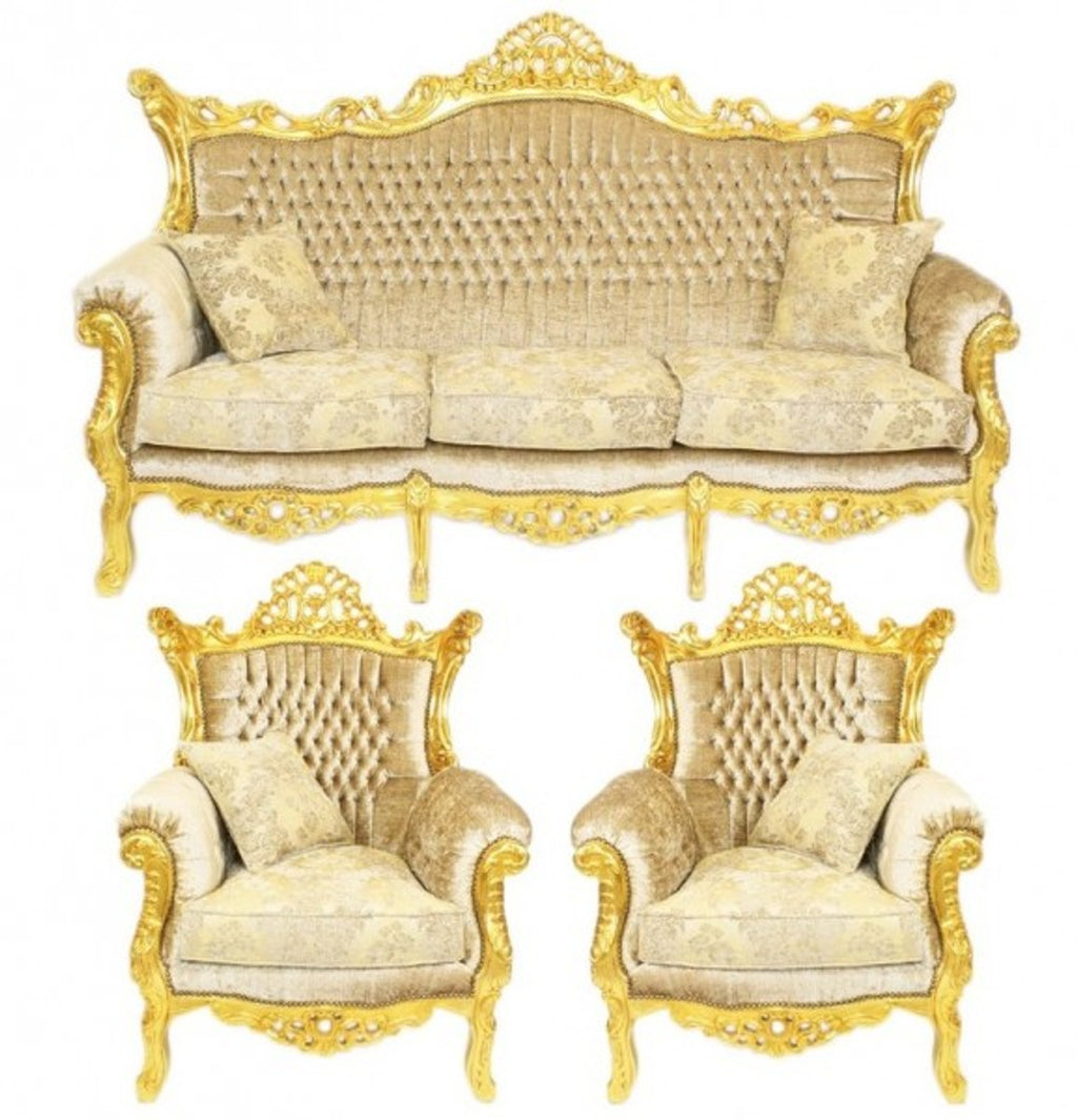 Barock Wohnzimmer Set Master Creme Samtstoff / Gold - 3er Sofa + 2 Sessel - Limited Edition!