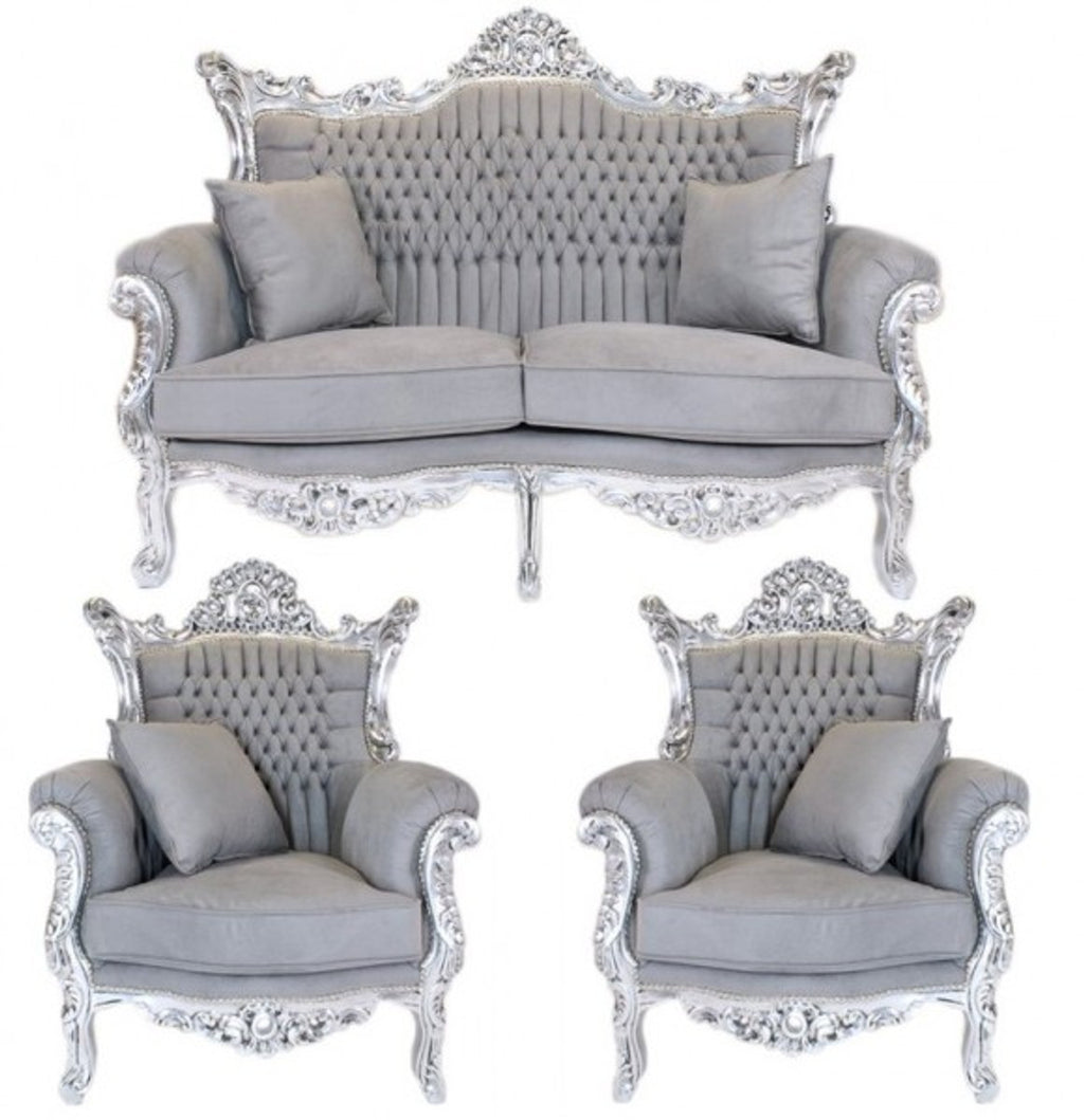 Barock Wohnzimmer Set Master Grau / Silber - 2er Sofa + 2 Sessel