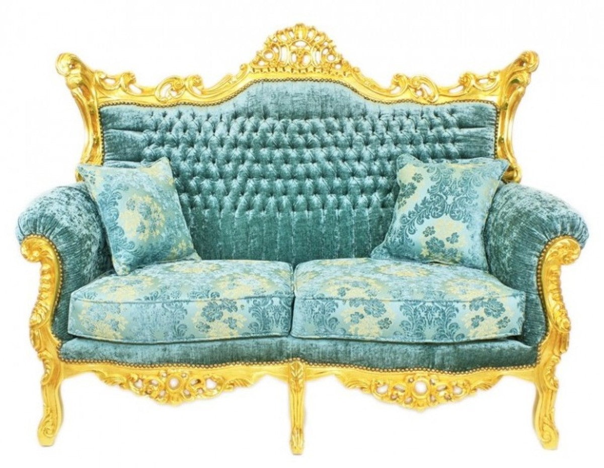 Barock Wohnzimmer Set Master Türkis-Blau Muster Samtstoff / Gold - 2er Sofa + 2 Sessel - Limited Edition!