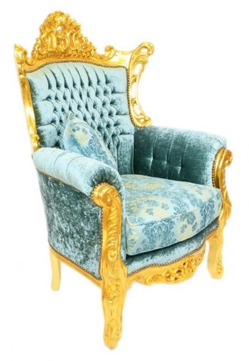 Barock Wohnzimmer Set Master Türkis-Blau Muster Samtstoff / Gold - 2er Sofa + 2 Sessel - Limited Edition!