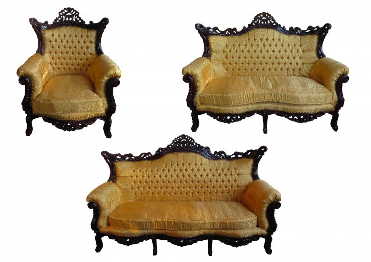 Barock Wohnzimmer Set Master Gold Muster / Mahagoni Braun - 3er Sofa + 2er Sofa + 1 Sessel