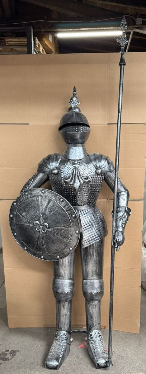 Deko Ritterrüstung mit Schild & Lanze Antik Silber H. 247 cm