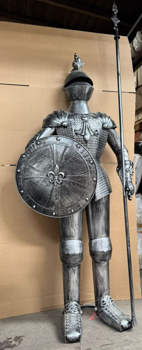 Deko Ritterrüstung mit Schild & Lanze Antik Silber H. 247 cm