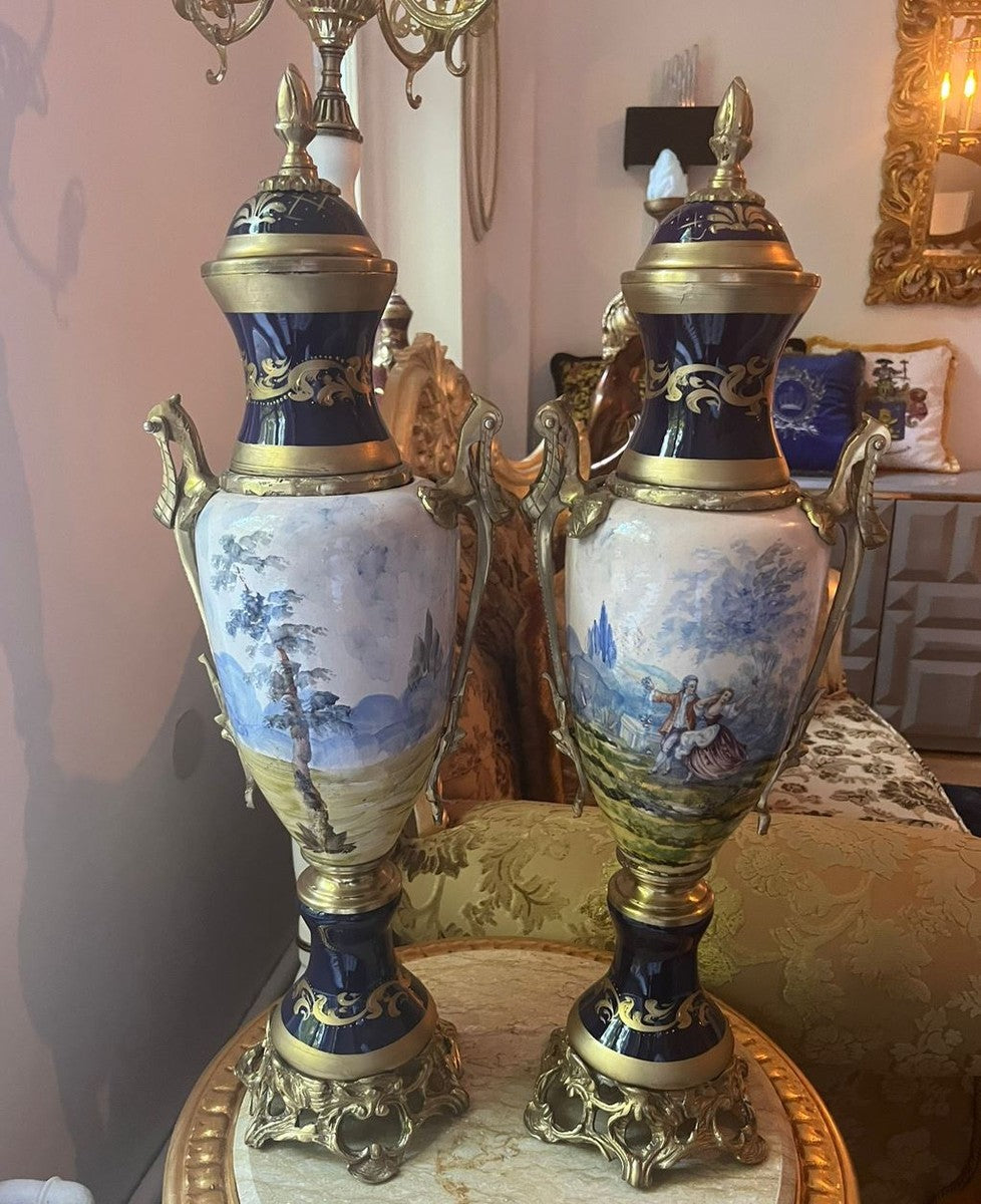 Barock Deko Keramik Vasen Set Blau / Bunt / Messing H. 65 cm - Barock Interior