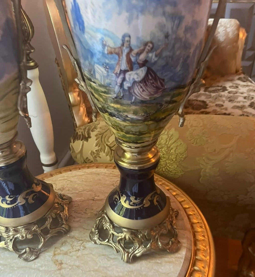 Barock Deko Keramik Vasen Set Blau / Bunt / Messing H. 65 cm - Barock Interior