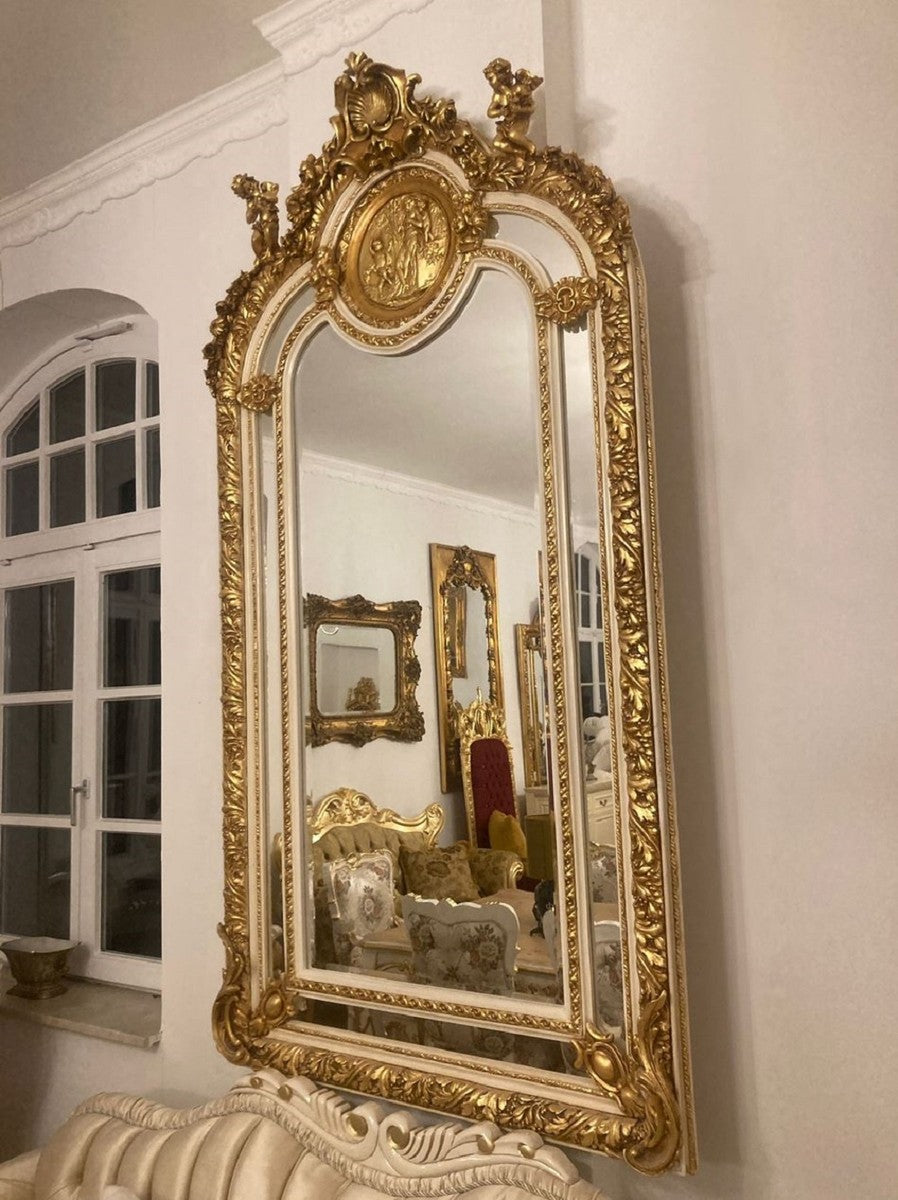 Barock Spiegel Gold / Cremeweiß - Handgefertigter Barockstil Wandspiegel mit eleganten Verzierungen und dekorativen Engelsfiguren - Barock Möbel - Edel & Prunkvoll