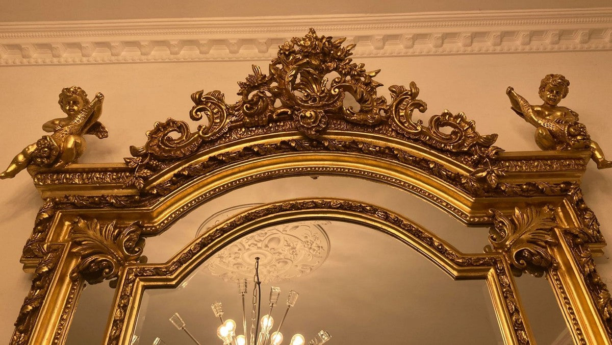Barock Spiegel Gold - Handgefertigter Antik Stil Wandspiegel mit dekorativen Engelsfiguren - Wohnzimmer Spiegel - Garderoben Spiegel - Prunkvolle Barock Möbel