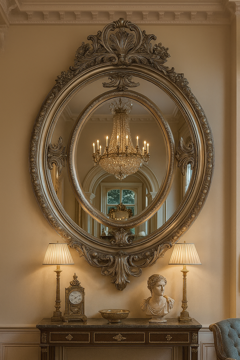 Barock Spiegel Silber Oval - Wandspiegel im Barockstil - Handgefertigter Barock Garderoben Spiegel