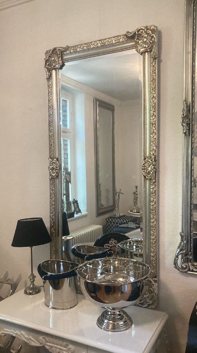 Barock Spiegel Silber - Rechteckiger Wandspiegel im Barockstil - Handgefertigter Barock Garderoben Spiegel - Prunkvolle Barock Möbel - Barock Interior