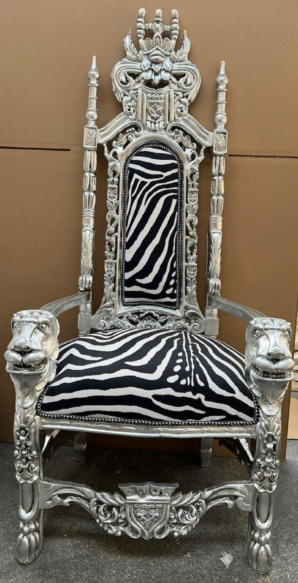 Barock Thron Sessel Schwarz / Weiß / Silber - Prunkvoller Barockstil Königssessel mit edlem Samtstoff im Zebra Design - Barockstil Hochzeitssessel - Barock Riesensessel - Barock Möbel
