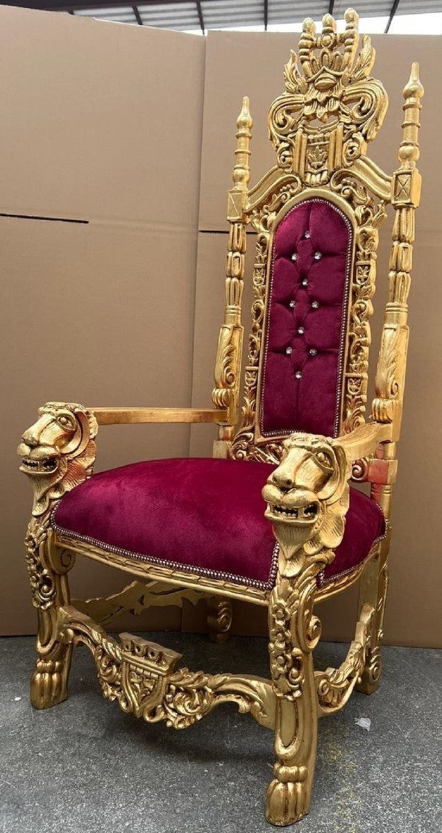 Barock Thron Sessel Bordeauxrot / Gold - Prunkvoller Barockstil Königssessel mit Glitzersteinen und edlem Samtstoff - Barockstil Hochzeitssessel - Barock Riesensessel - Barock Möbel