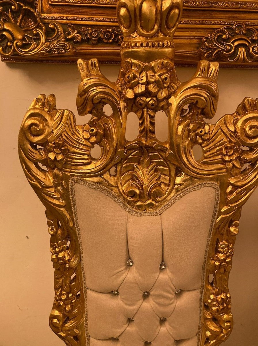 Barock Thron Stuhl Creme / Gold - Handgefertigter Hochlehn Esszimmer Stuhl mit Samtstoff und Glitzersteinen - Barock Esszimmer Möbel