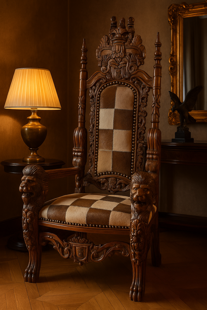 Barock Thron Sessel mit echtem Fell Mehrfarbig / Braun - Handgefertigter Königssessel - Hochzeitssessel - Riesensessel - Barock Möbel - Edel & Prunkvoll
