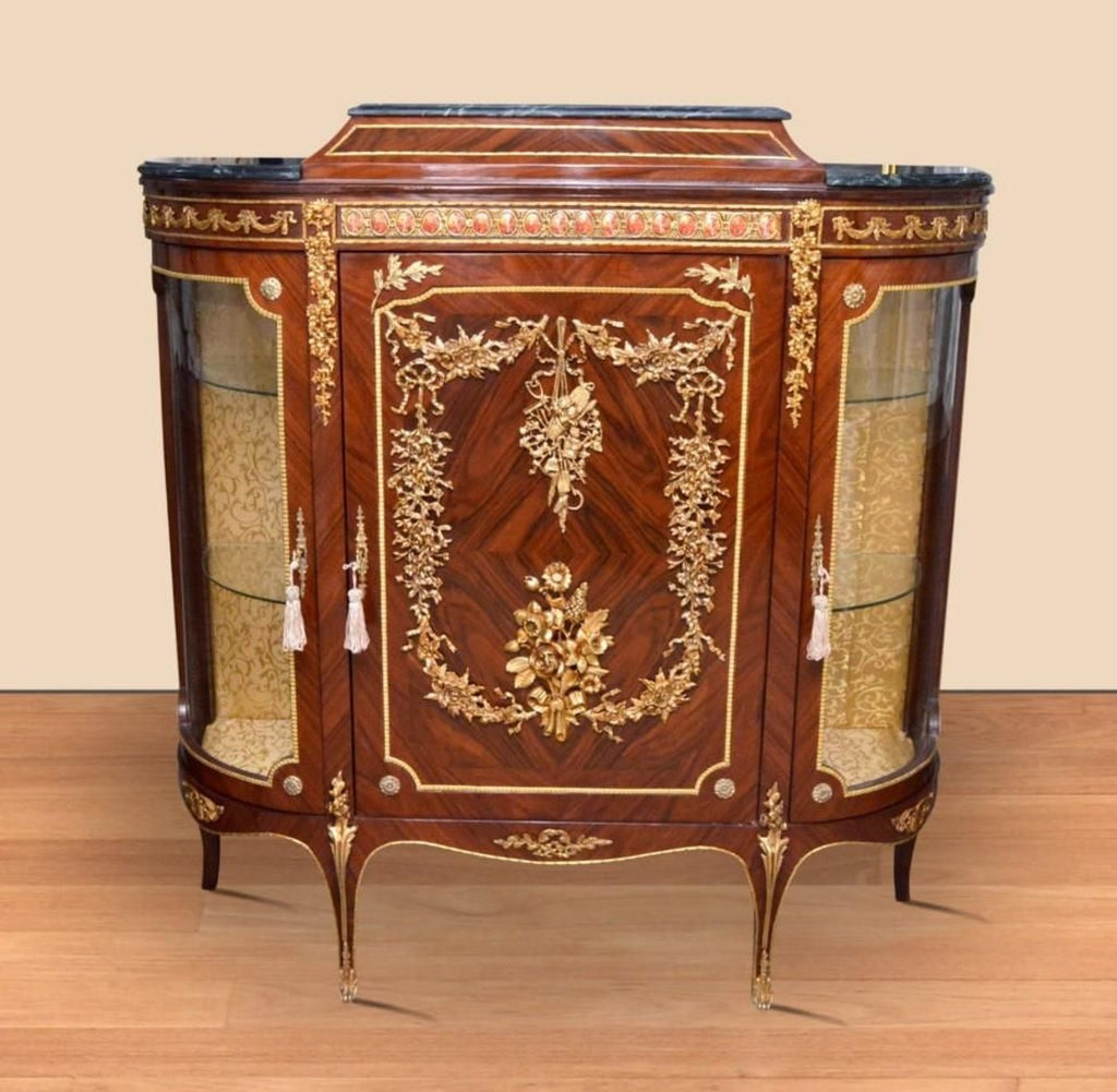 Barock Vitrine Braun / Gold - 140 x 40 x H 145 cm Prunkvoller Barock Vitrinenschrank mit Glastür - Barock Wohnzimmer Möbel
