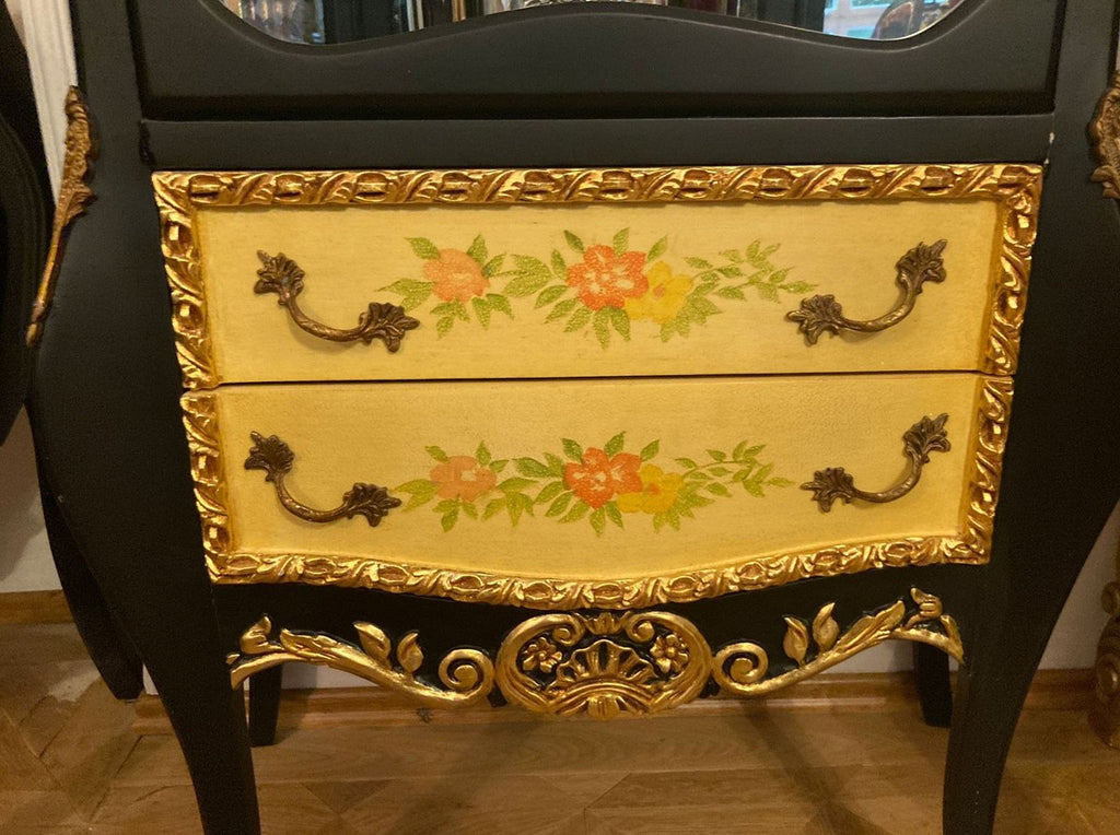 Barock Vitrine Schwarz / Mehrfarbig / Gold / Messing - Handgefertigter Massivholz Vitrinenschrank mit Glastür und 2 Schubladen - Barock Möbel