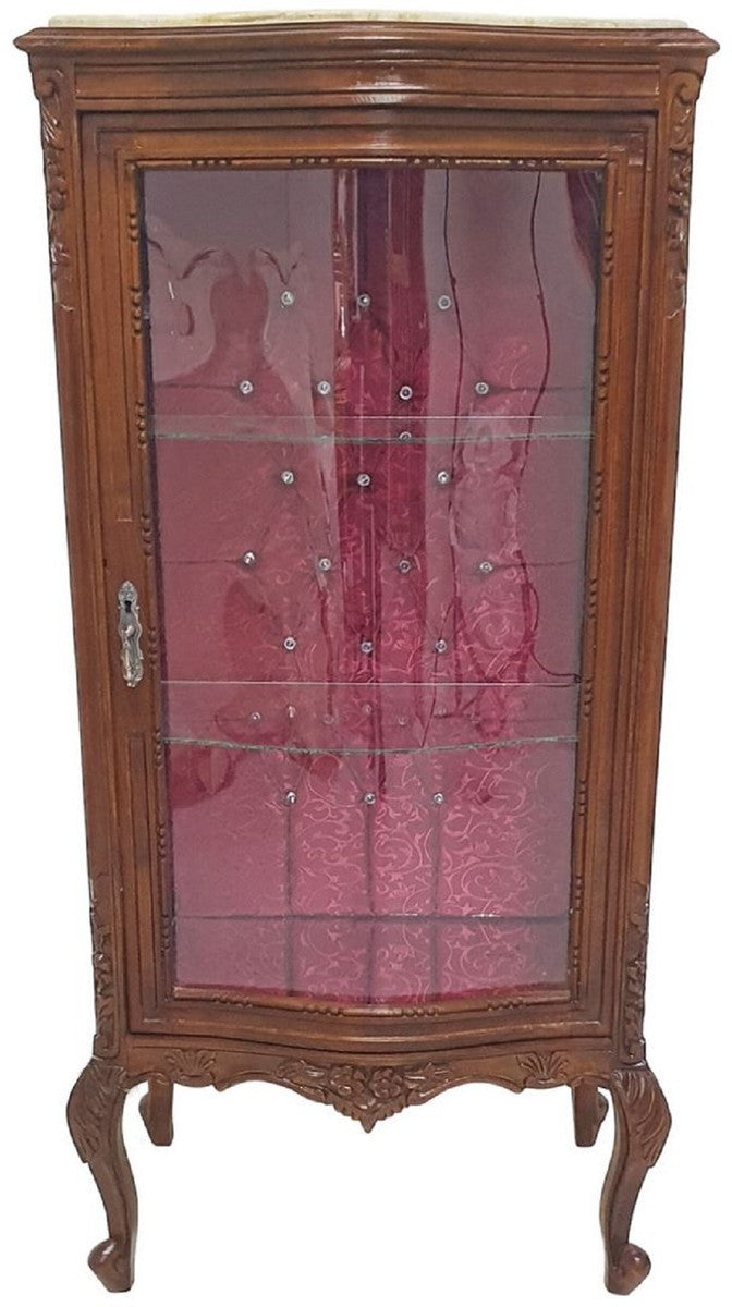 Barock Vitrine Braun / Creme / Bordeauxrot - Handgefertigter Massivholz Vitrinenschrank mit Glitzersteinen und Marmorplatte - Wohnzimmer Möbel im Barockstil - Barock Möbel