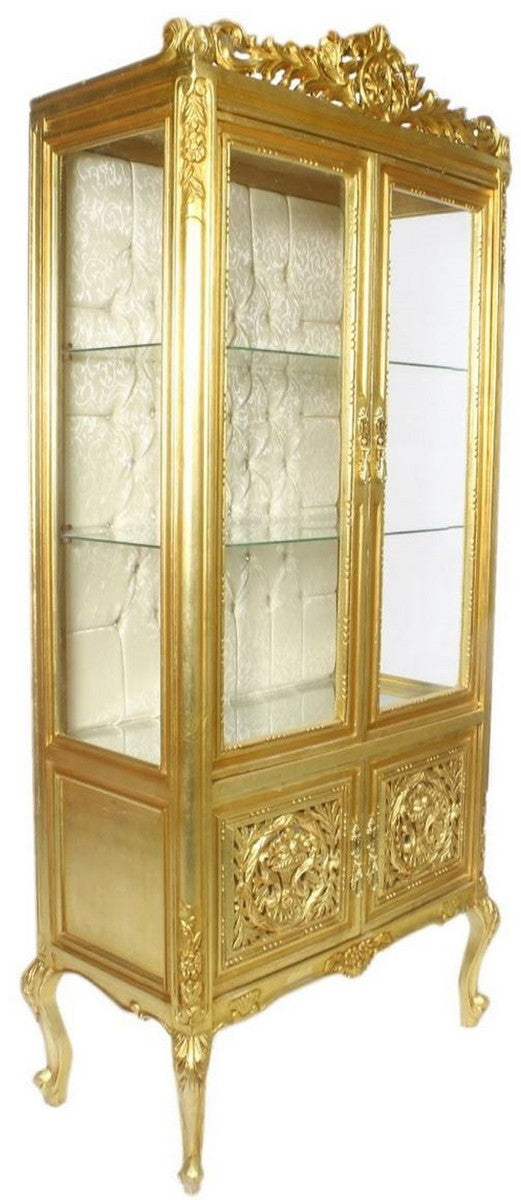 Barock Vitrine Gold / Cremefarben 100 x 40 x H. 170 cm - Prunkvoller Barock Vitrinenschrank mit 2 Glastüren wunderschönen Verzierungen und Glitzersteinen