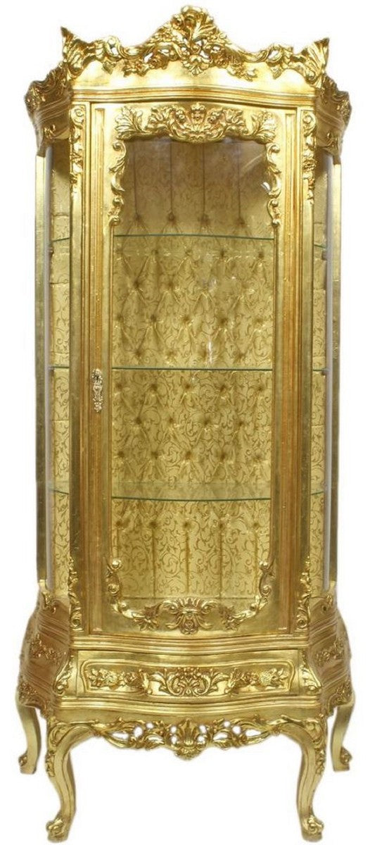 Barock Vitrine Gold 80 x 40 x H. 200 cm - Prunkvoller Barock Vitrinenschrank mit Glastür und wunderschönen Verzierungen - Barock Möbel