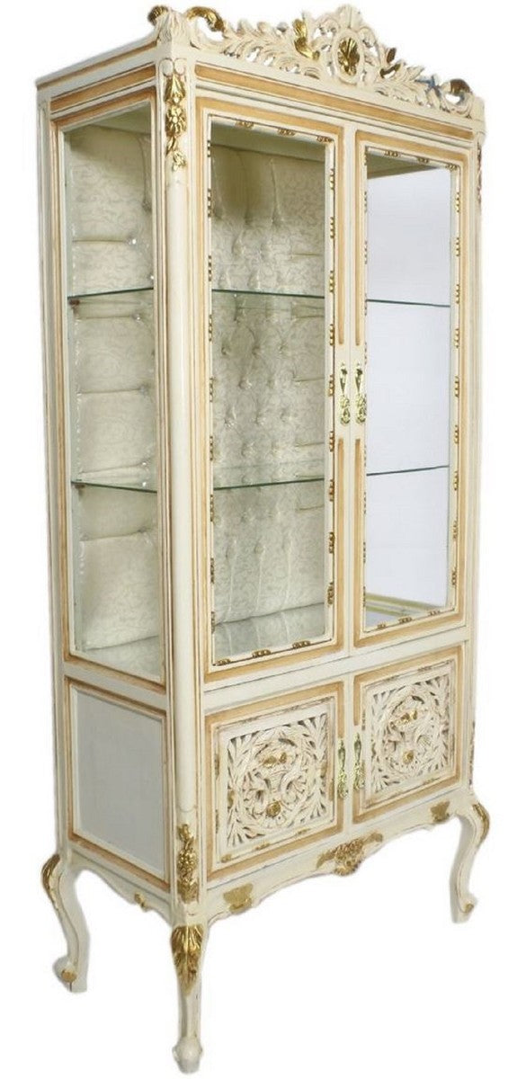 Barock Vitrine Cremefarben / Beige / Gold 100 x 40 x H. 170 cm - Prunkvoller Barock Vitrinenschrank mit 2 Glastüren wunderschönen Verzierungen und Glitzersteinen