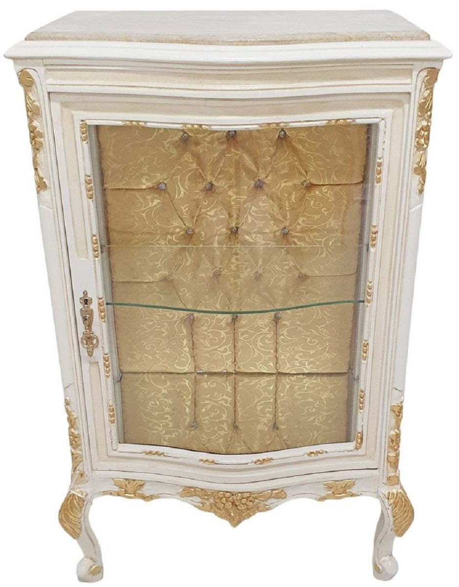 Barock Vitrine Weiß / Creme / Gold - Handgefertigter Massivholz Vitrinenschrank mit Glitzersteinen und Marmorplatte - Wohnzimmer Möbel im Barockstil - Barock Möbel
