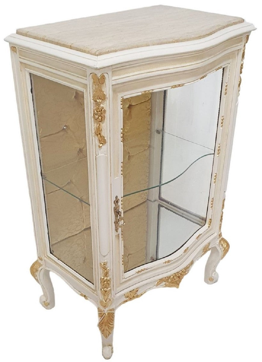 Barock Vitrine Weiß / Creme / Gold - Handgefertigter Massivholz Vitrinenschrank mit Glitzersteinen und Marmorplatte - Wohnzimmer Möbel im Barockstil - Barock Möbel