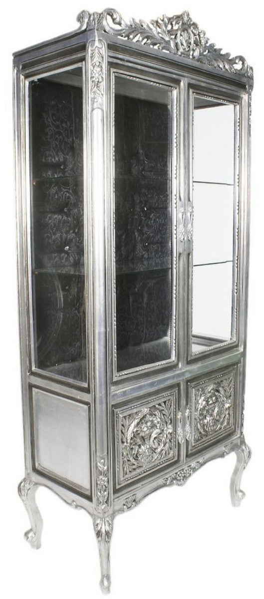 Barock Vitrine Silber / Schwarz 100 x 40 x H. 170 cm - Prunkvoller Barock Vitrinenschrank mit 2 Glastüren wunderschönen Verzierungen und Glitzersteinen