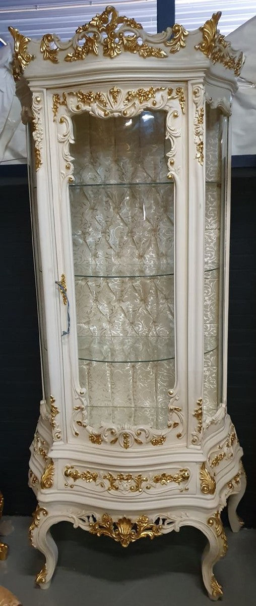 Barock Vitrine Weiß / Gold - Barock Vitrinenschrank mit Glastür und Schublade - Barock Wohnzimmer Möbel - Edel & Prunkvoll