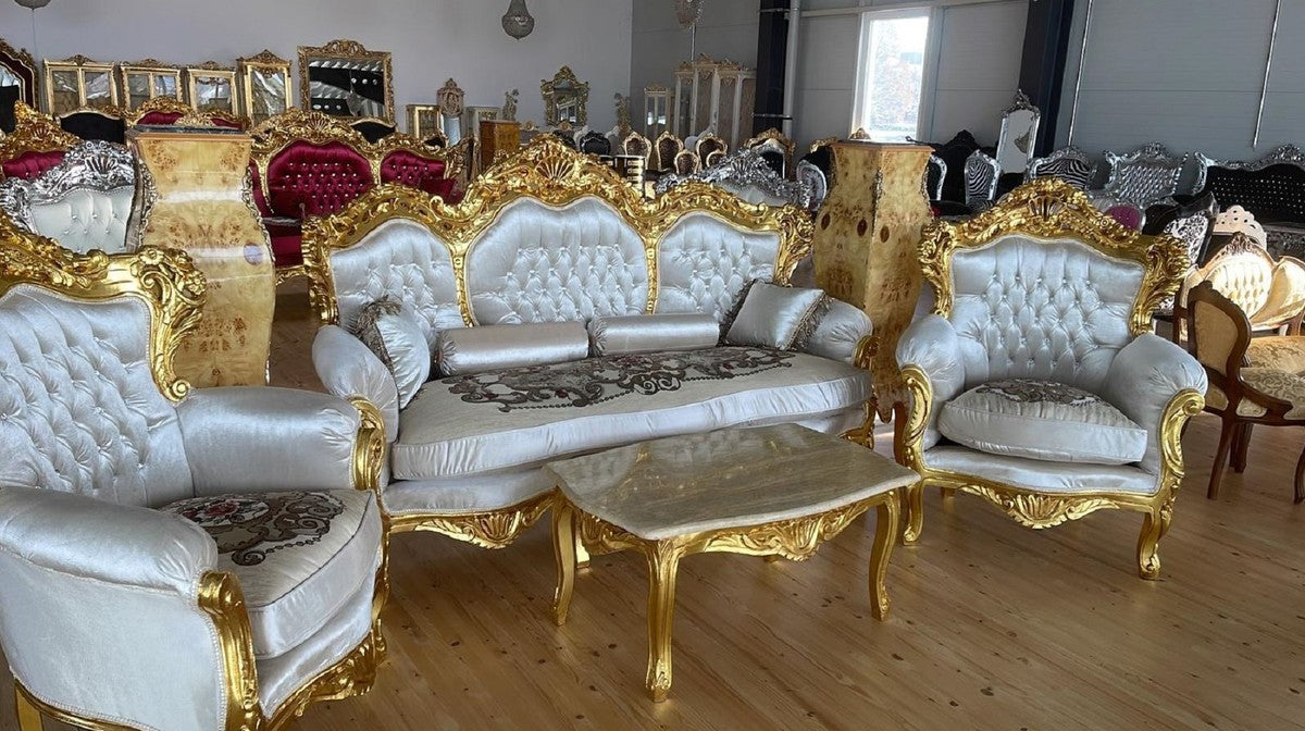 Barock Wohnzimmer Set Silber Muster / Gold - 1 Barock Sofa & 2 Barock Sessel - Wohnzimmer Möbel im Barockstil - Barock Möbel - Barock Wohnzimmer Einrichtung