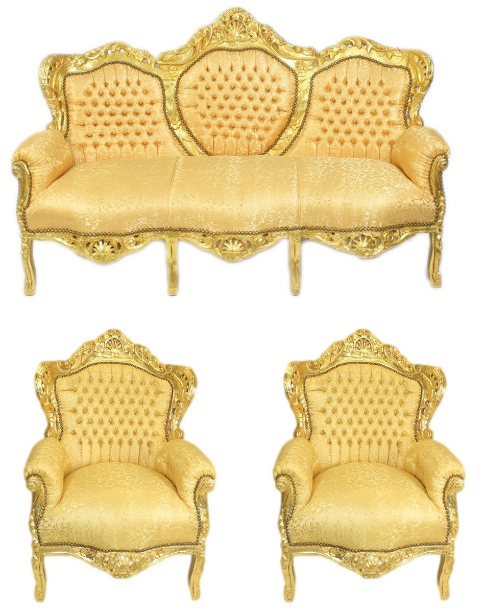 Barock Wohnzimmer Set Gold Muster / Gold - 3er Sofa + 2 Sessel