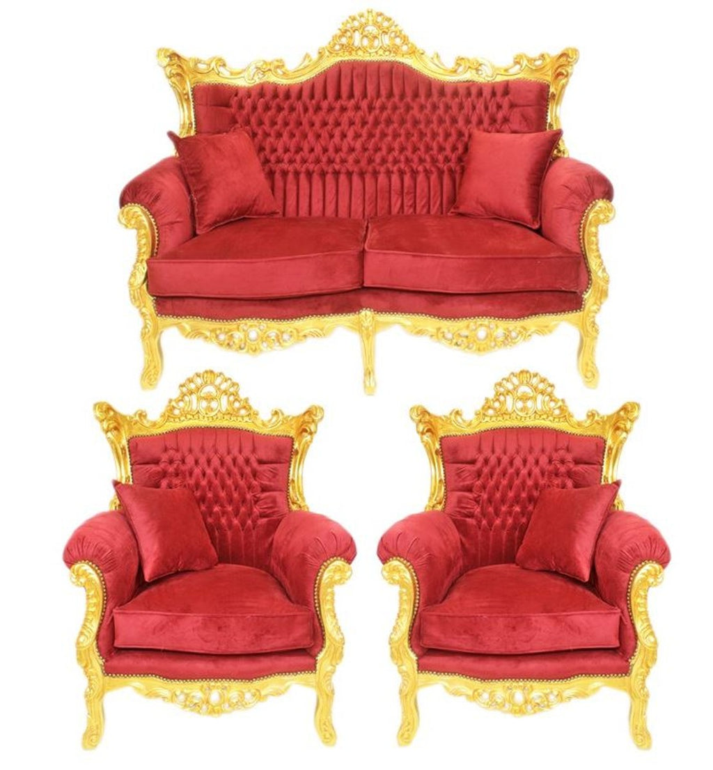 Barock Wohnzimmer Set Bordeaux Samtstoff / Gold - 2er Sofa + 2 Sessel